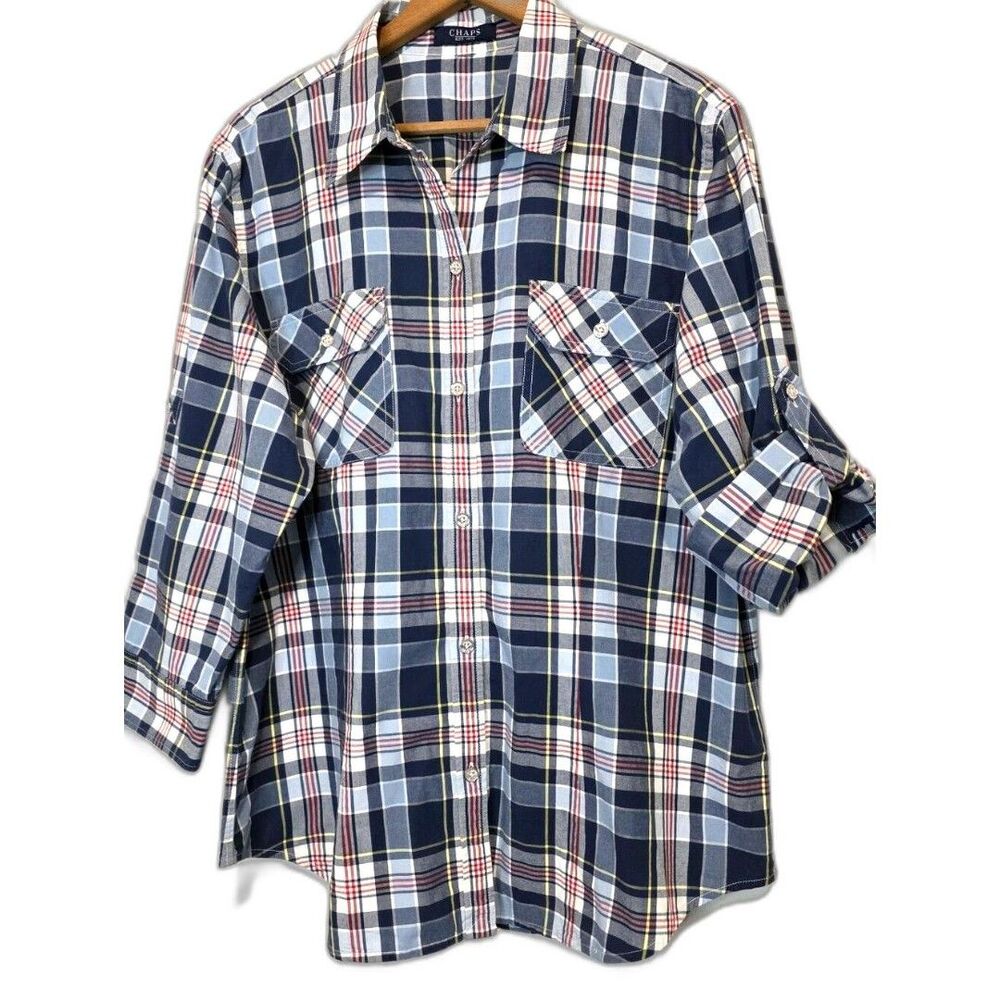 Chaps Plaid Cotton Shirt Button Front Roll Tab Sleeves Western Preppy Blue EUC
